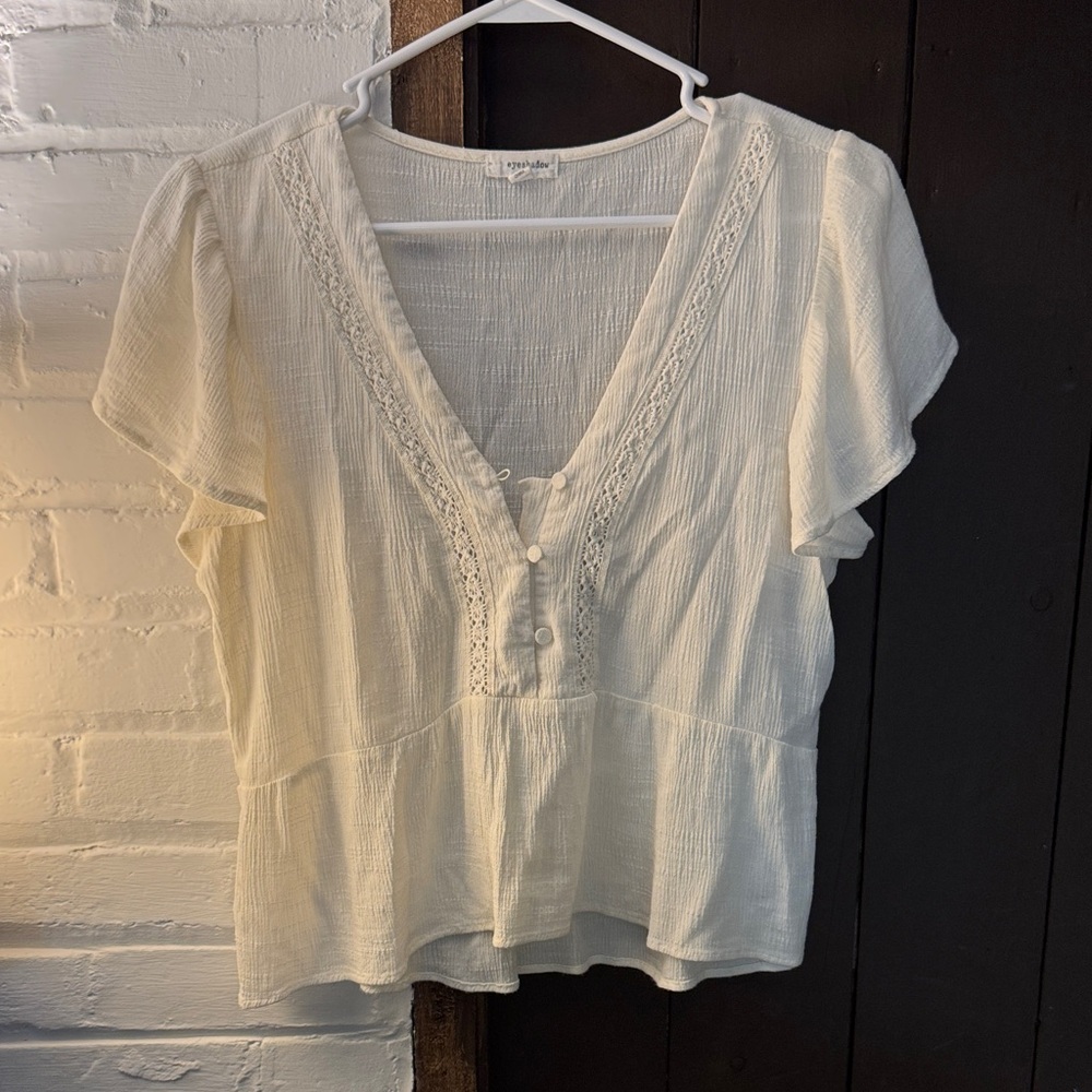 Eyeshadow Cream V-Neck Blouse with Button Detail